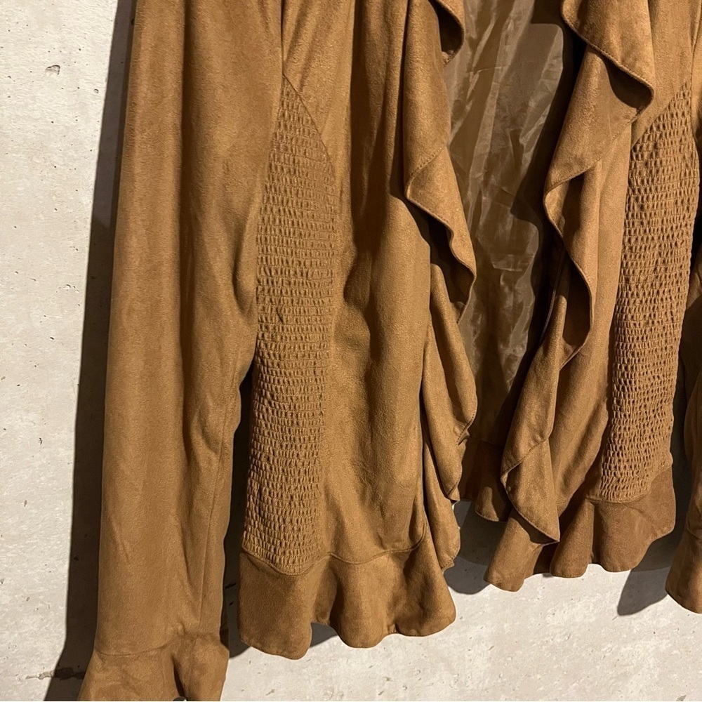 Jones New York Signature Womens Size 8 Faux Suede Zip Up Jacket Brown Ruffle - Picture 2 of 11